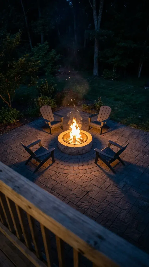 Paver patio with fire pit ring kit and steel insert, seen from above at night with four chairs