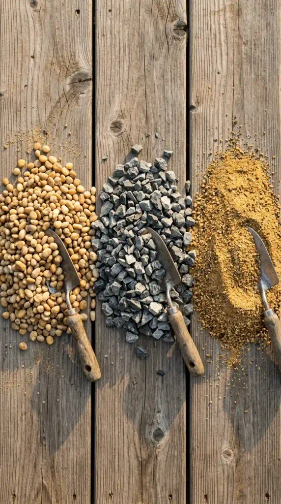Pea gravel, crushed stone, and decomposed granite compared for a gravel backyard seating area