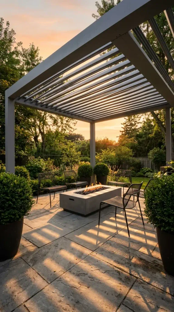 Pergola over fire pit with steel louvers open at sunset above a concrete gas fire table