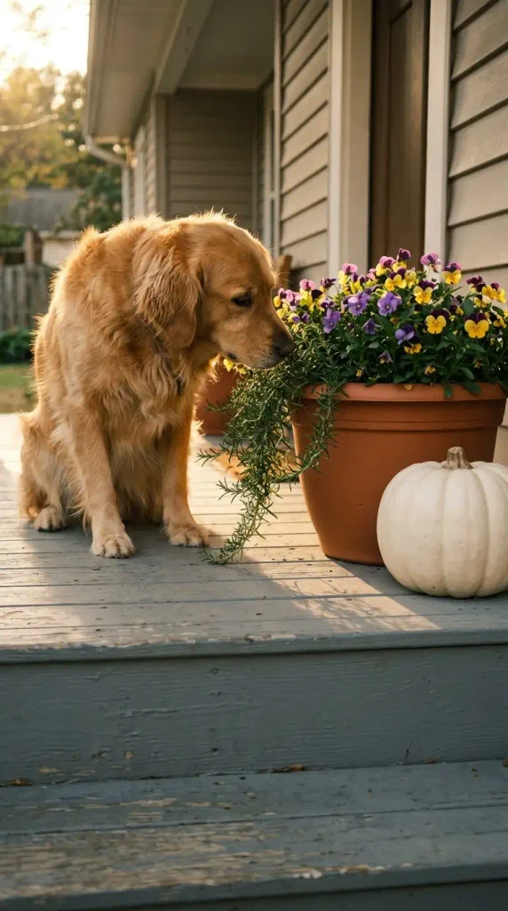 Pet-safe fall planter decor idea with violas and rosemary as a golden retriever sniffs the pot