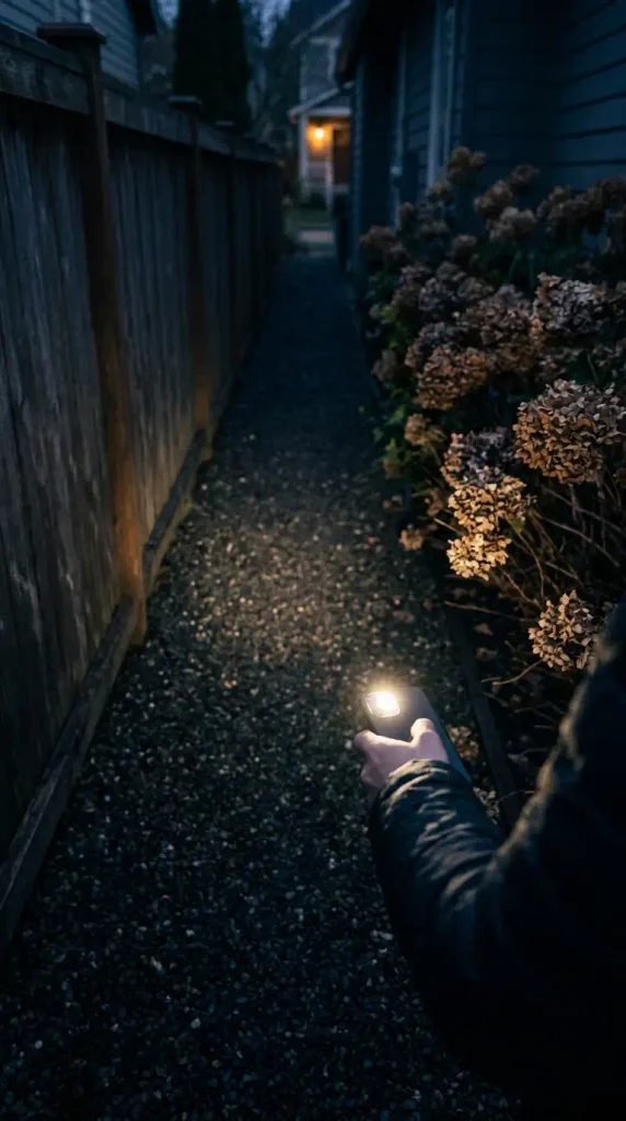 Planning outdoor lighting with a flashlight on a dark gravel side yard path at dusk