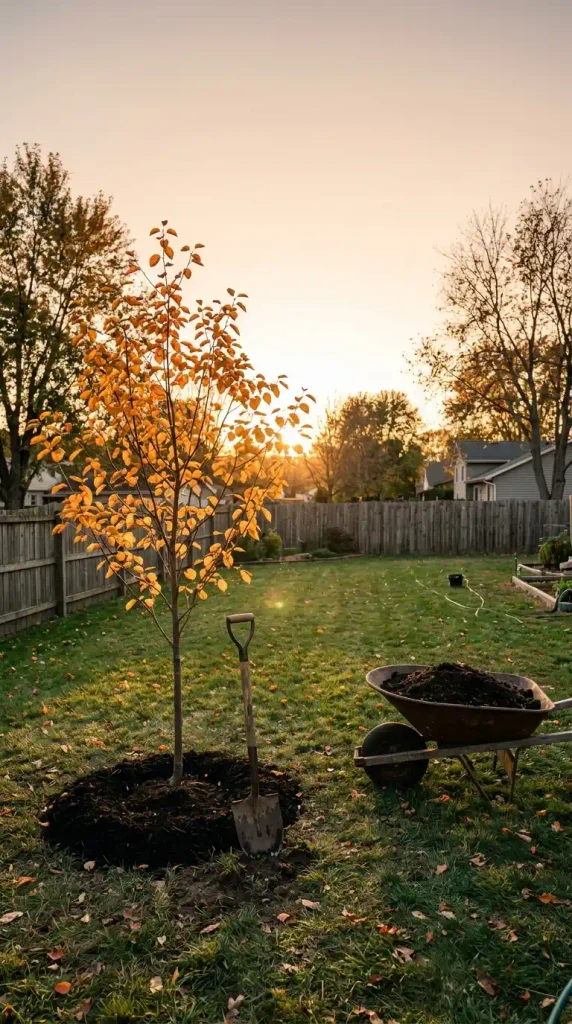 Young serviceberry tree freshly planted in a mulch ring for fall planting in a Zone 6 backyard