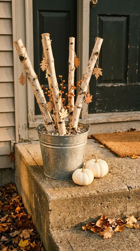 Potted birch branch fall tree in a galvanized bucket with wooden leaf ornaments on a renter's front stoop