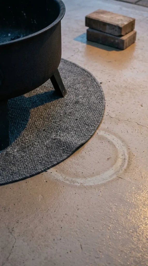 Protecting a concrete fire pit with a patio mat: steel bowl on a heat-resistant pad at dusk