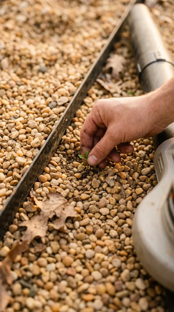 Pulling a small weed seedling from a pea gravel patio surface