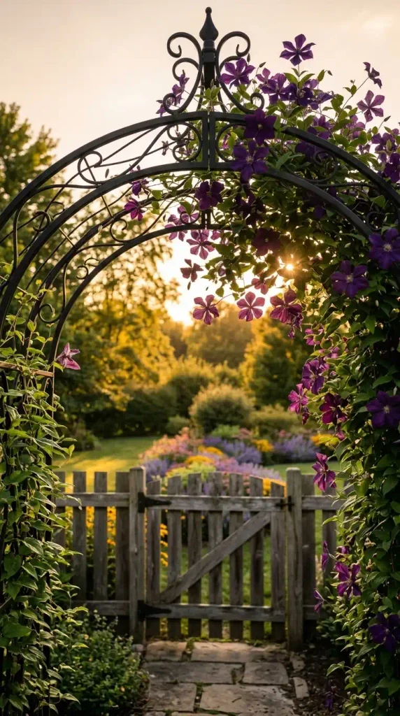 Purple clematis climbing a metal arch over a backyard garden gate in golden hour light