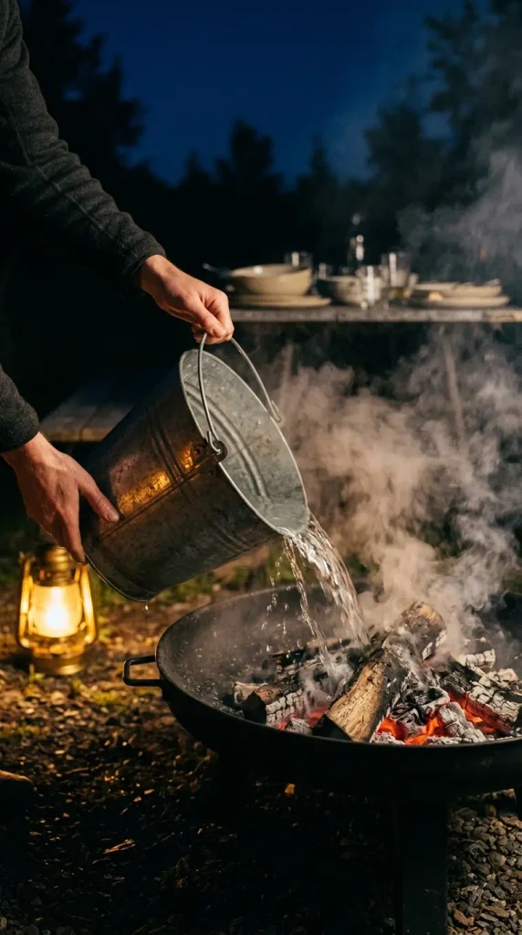 Putting out a fire pit with a bucket of water after a fall fire pit dining night.
Fire Pit Dining Ideas
