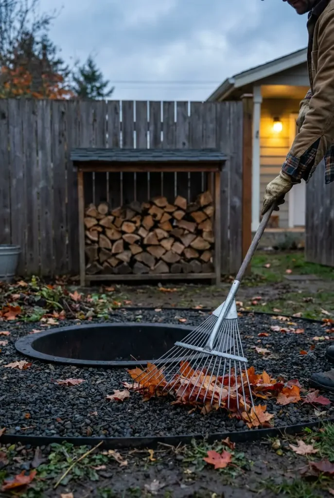 Raking maple leaves away from an unlit in-ground fire pit border before a fall fire