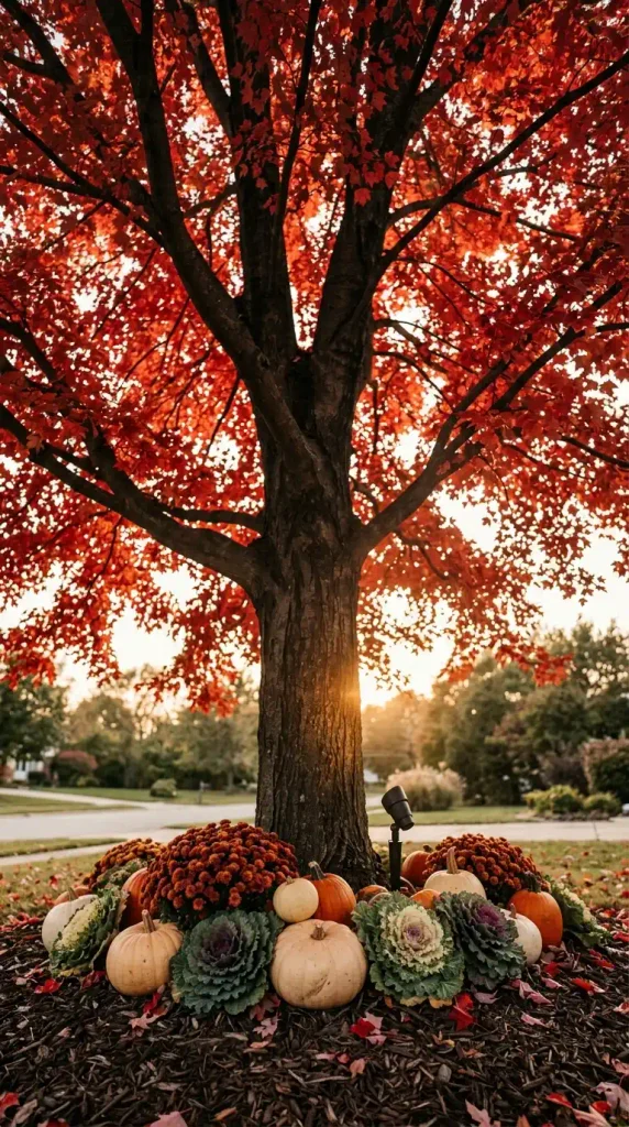 Red maple left undecorated with a pumpkin and mum ring at the base and a spotlight aimed up the trunk