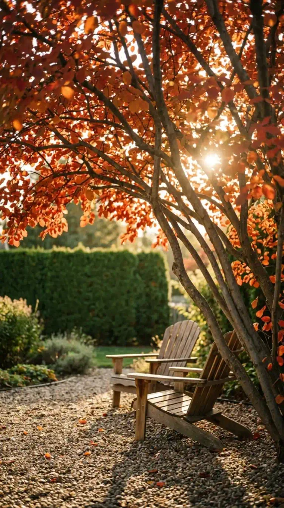 Red-orange serviceberry canopy over two Adirondack chairs, a small backyard privacy tree for fall