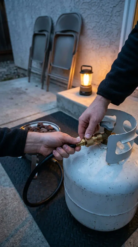 Renter friendly fire pit with a patio: hands connecting a propane tank to a portable gas bowl