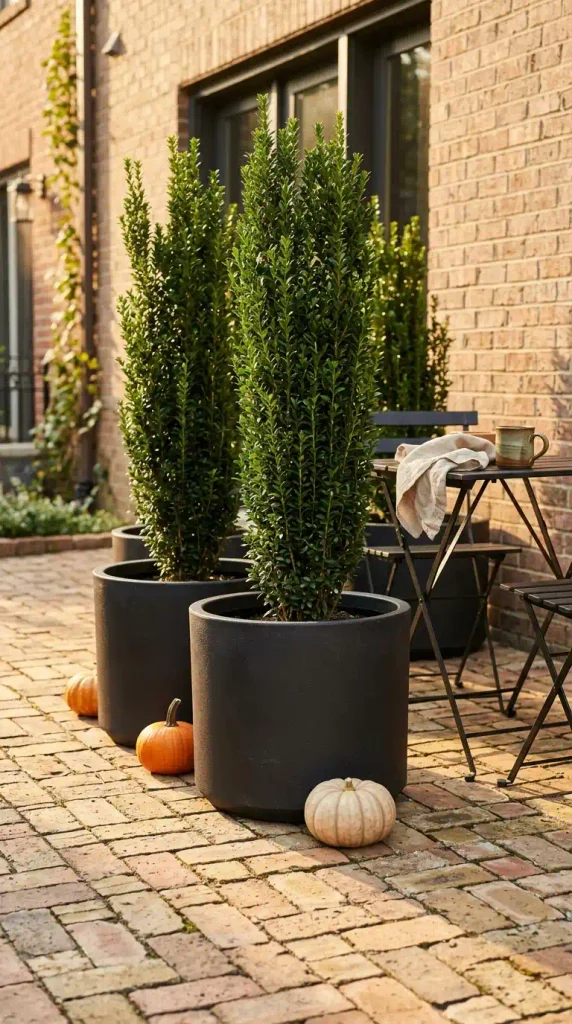 Renter-friendly hedge of Sky Pencil holly in three large pots screening a small brick patio