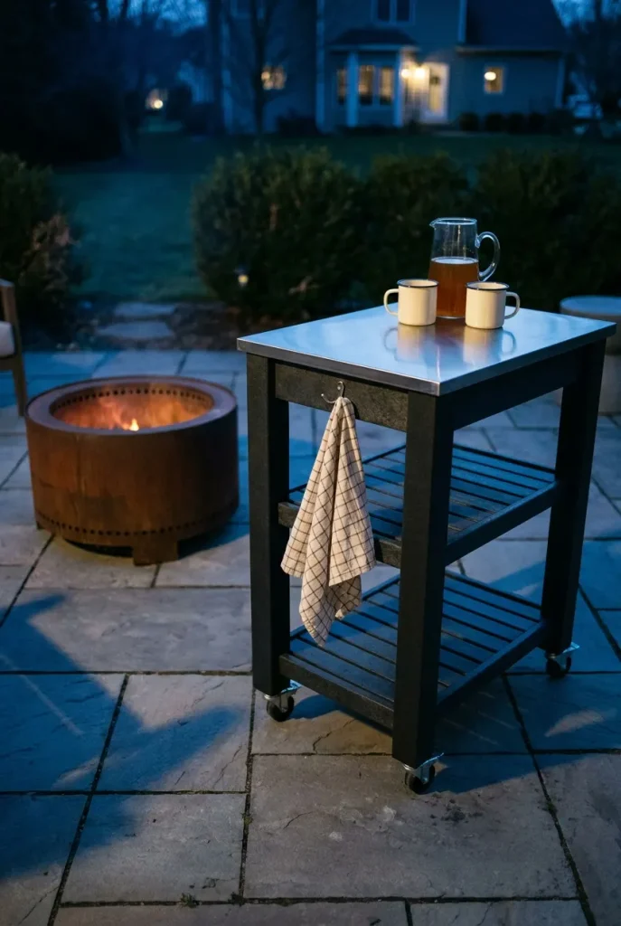 Rolling backyard bar cart with cider and enamel mugs beside a fire pit on a paver patio at dusk