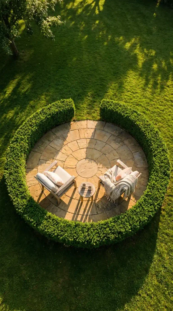 Round paver patio ringed by a low clipped boxwood hedge with one opening toward the lawn