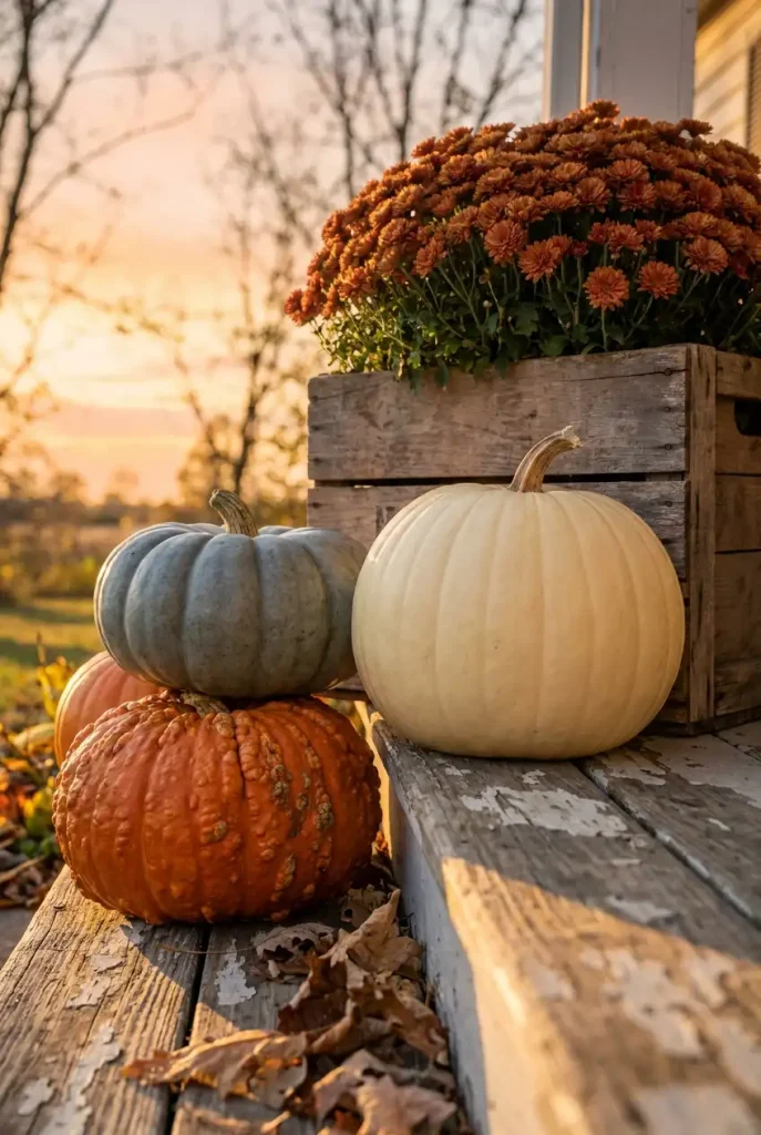 Rustic fall backyard decor close-up of heirloom pumpkins and a rust mum in a wooden crate on a step