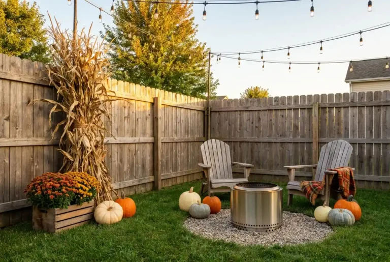 Rustic fall backyard decor in a small fenced yard with cornstalks, mums, heirloom pumpkins, and cedar chairs Suggested filename: rustic-fall-backyard-decor-ideas-featured.jpg