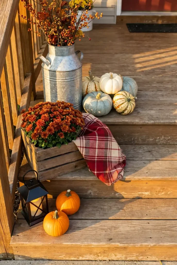 Rustic fall backyard decor styled at three budgets on wooden back steps with pumpkins, mums, and lanterns
