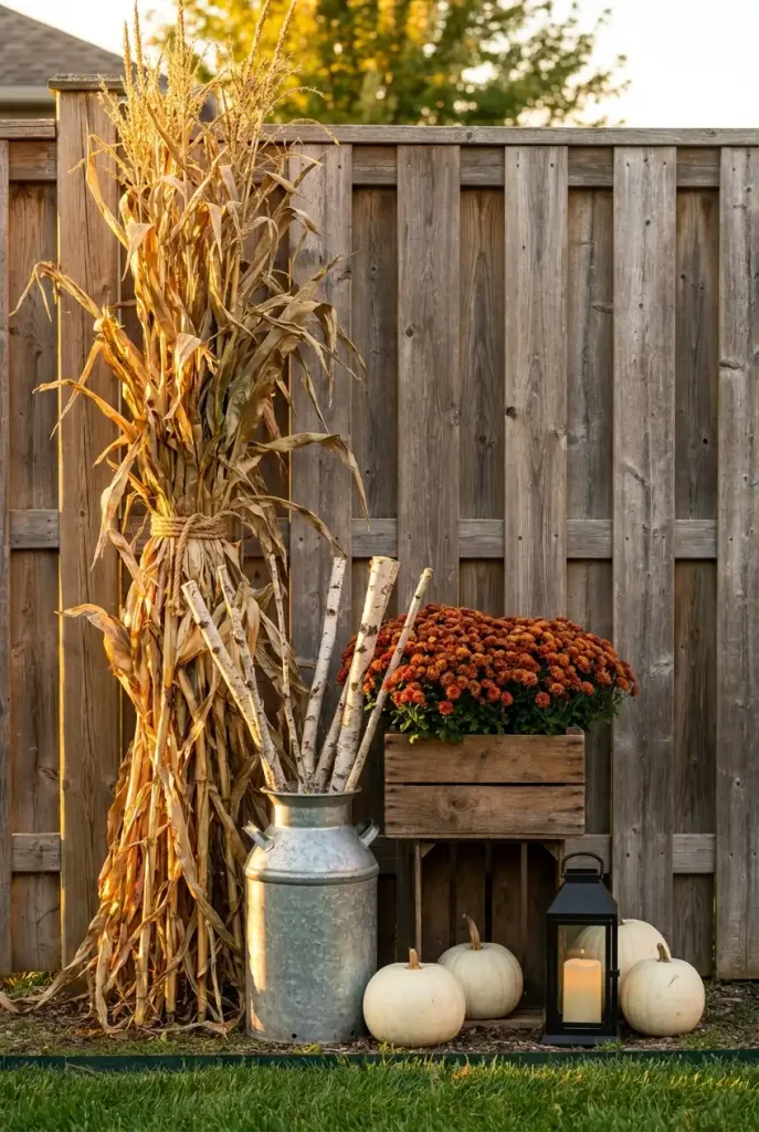 Rustic fall outdoor decor styled in three heights along a cedar fence with cornstalks, mums, and pumpkins