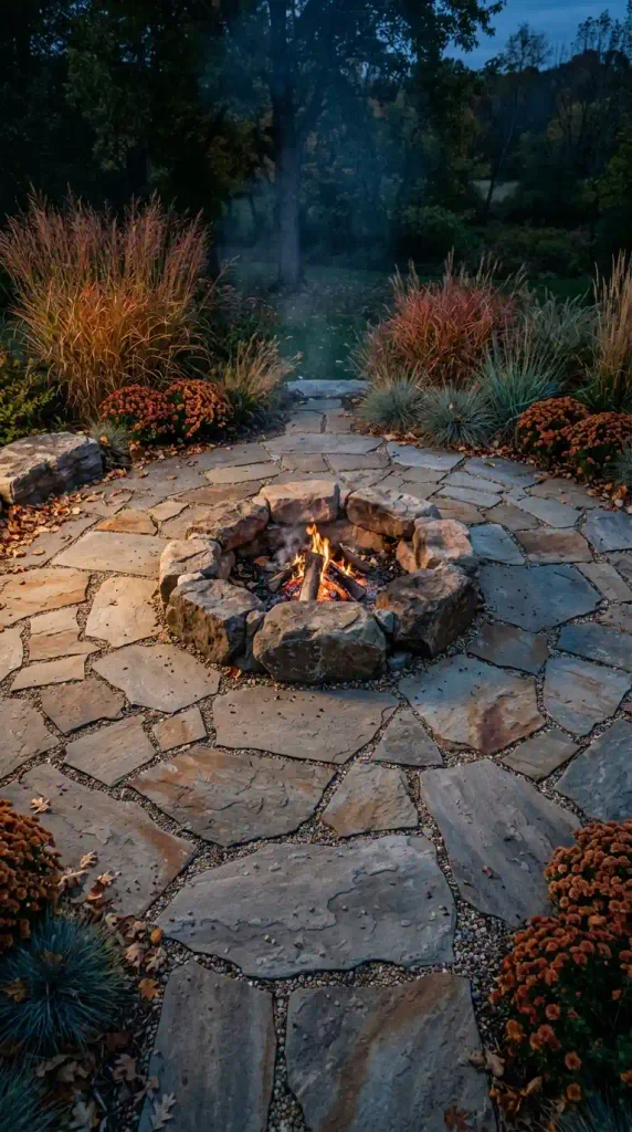 Rustic fire pit with a patio of flagstone and boulders, edged with switchgrass and fall mums