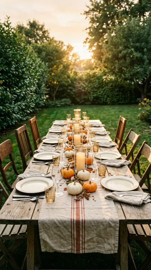 Sawhorse harvest table for a fall backyard party, set for eight with mini pumpkins