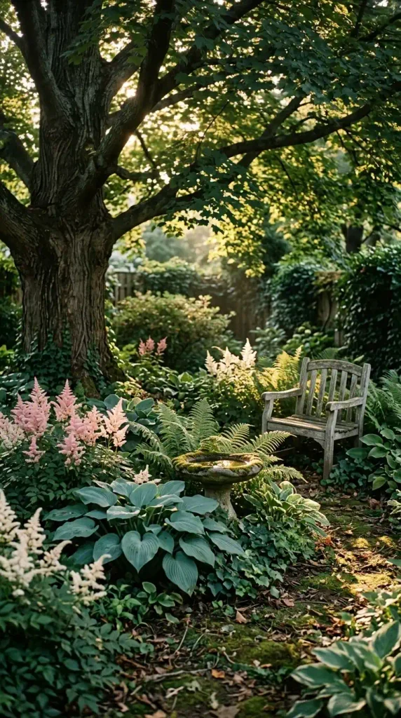 Shade flower garden under a backyard tree with astilbe, hostas, and ferns around a stone birdbath