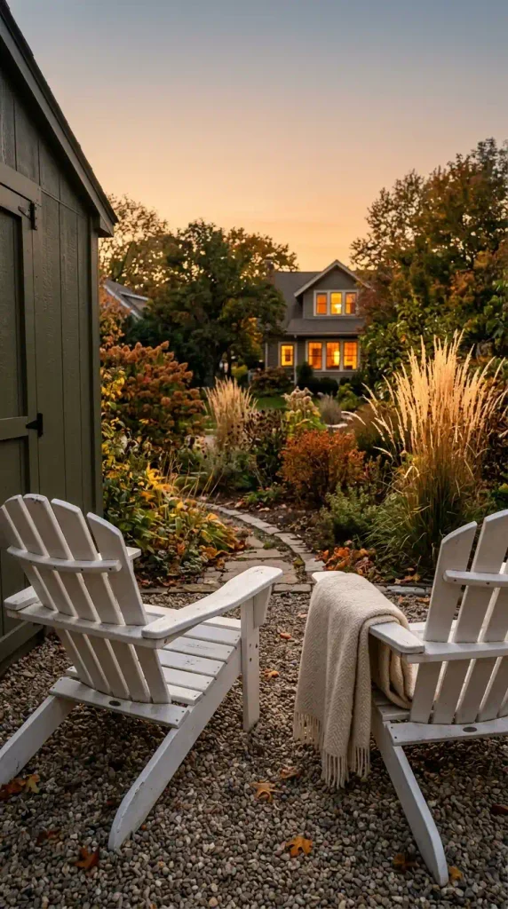 Shed seating area with two Adirondack chairs backed against the shed wall, facing a fall garden
