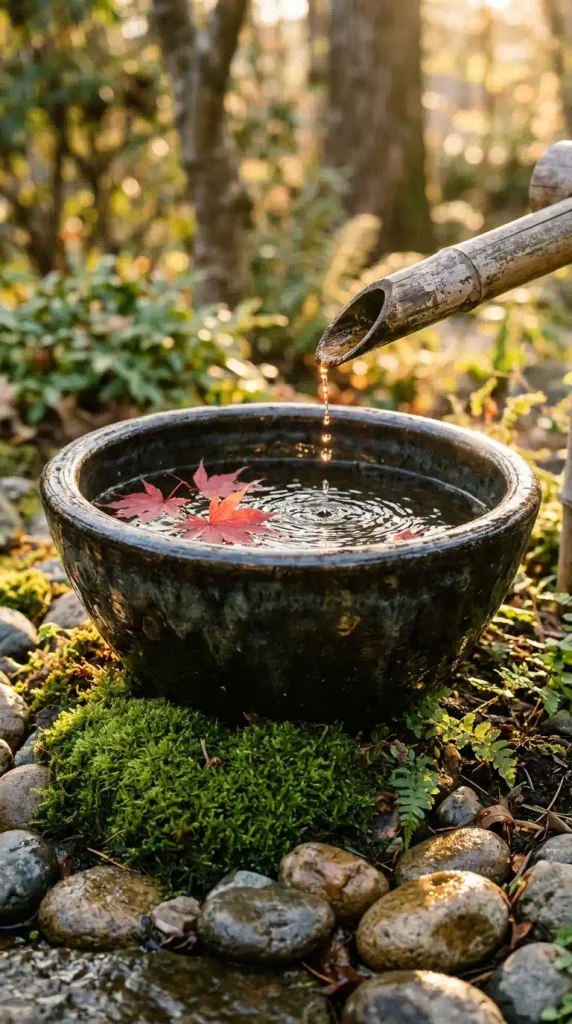 Small Japanese garden ideas: glazed bowl fountain with bamboo spout and moss