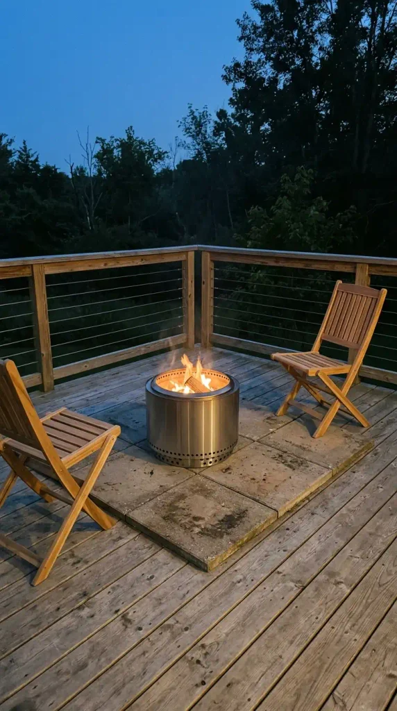 Small deck fire pit idea: smokeless fire pit on a steel stand over pavers in a deck corner