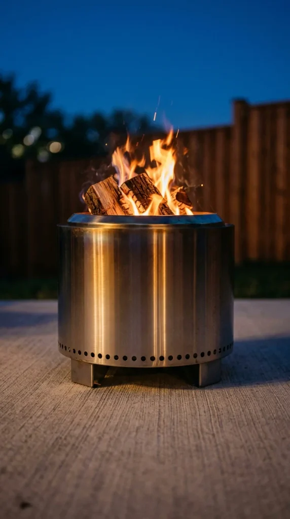 Small fire pit with a patio setup: stainless smokeless bowl on a stand over concrete at dusk