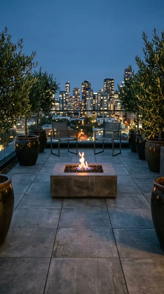 Small luxury fire pit idea: square ethanol fire pit on a rooftop deck at blue hour