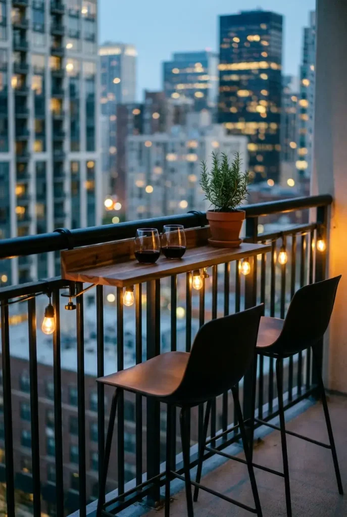 Small outdoor bar on a balcony railing with two wine glasses and stools facing a city skyline at dusk