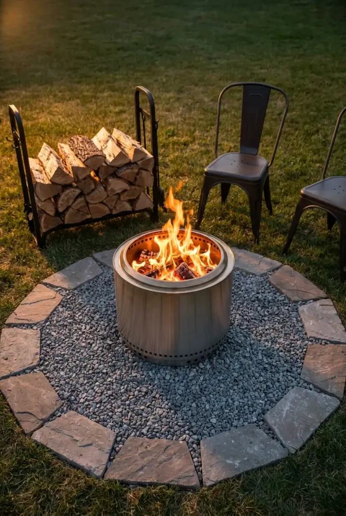 Small smokeless fire pit on a gravel pad with clear space around it in a Rustic Fall Backyard Decor Ideas