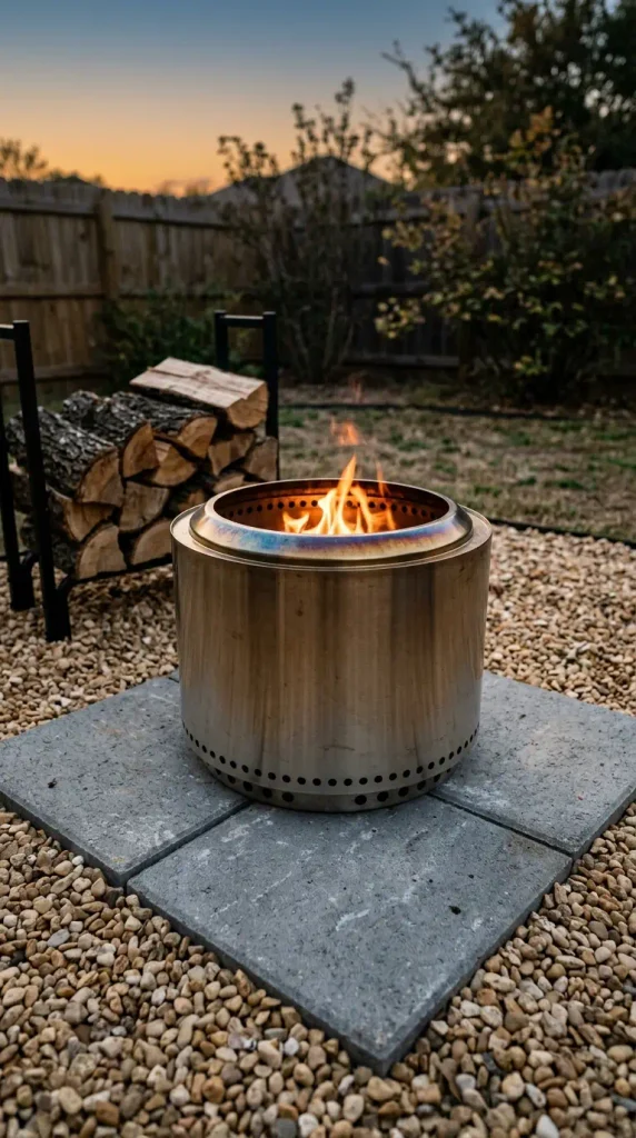 Smokeless fire pit on pavers in a gravel seating area at nightfall