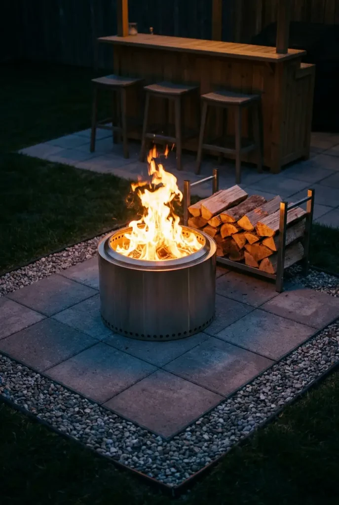 Smokeless fire pit on pavers set six feet from a wooden backyard bar with stools at twilight