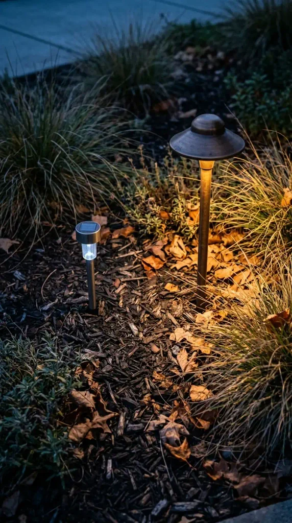 Solar vs low voltage landscape lighting side by side in a mulched bed at twilight