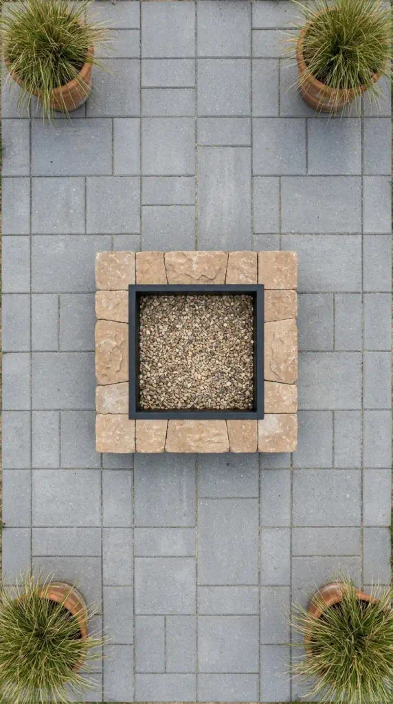 Square fire pit patio idea: tan block paver fire pit with steel insert centered on gray square pavers