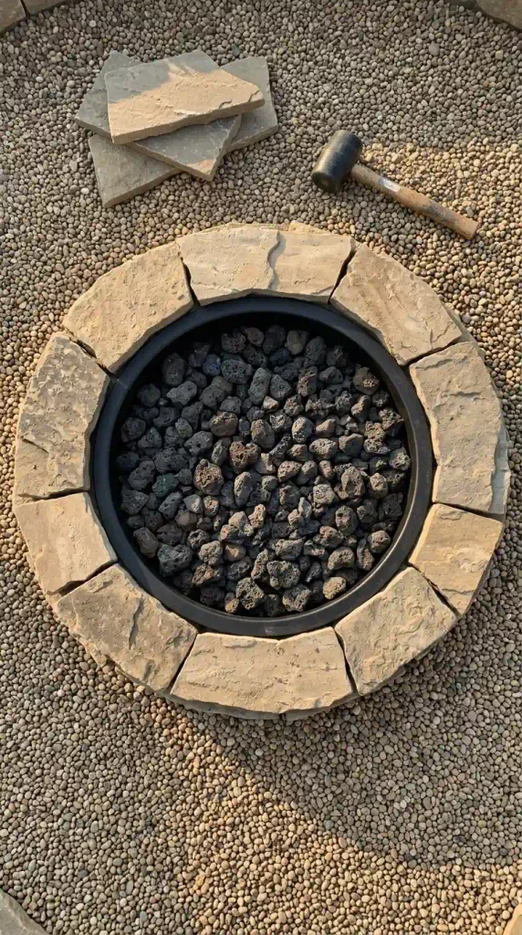 Stacked flagstone fire pit ring around a steel insert with lava rock, seen from above