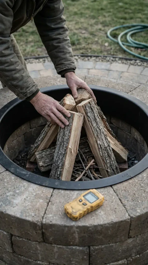 Stacking seasoned firewood in a paver fire pit with a moisture meter and garden hose ready