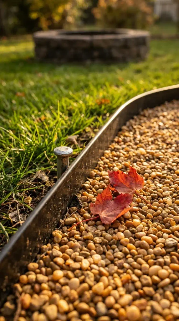 Steel edging holding a pea gravel fire pit area back from the lawn in fall