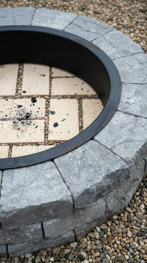 Steel fire ring inside concrete paver fire pit blocks with a fire brick floor to keep heat off the pavers