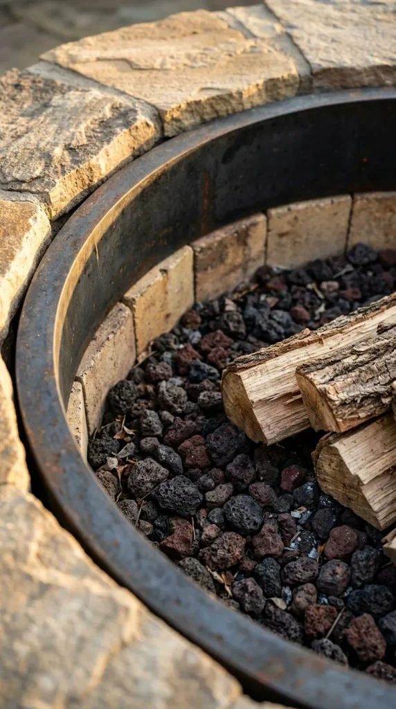 Steel ring and firebrick lining inside a flagstone fire pit, with lava rock filling the floor