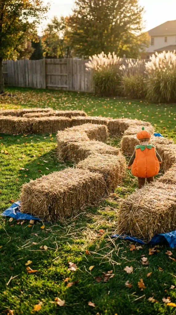 Straw bale maze for a Halloween backyard play area with knee-high walls laid flat on the lawn