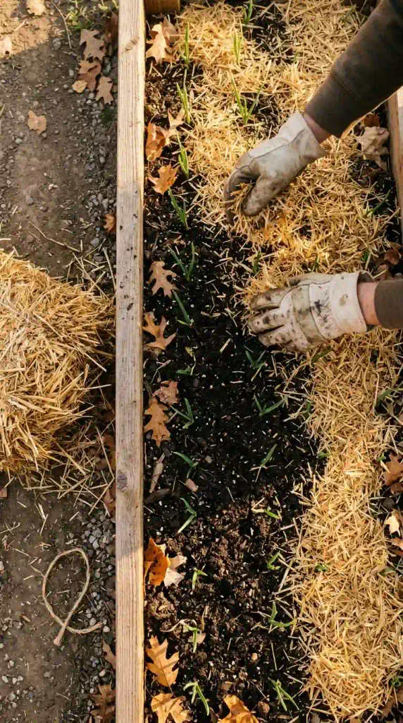 Straw from a Halloween bale maze spread as winter mulch over garlic in a cedar raised bed