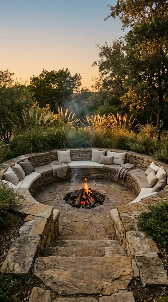 Sunken flagstone fire pit area with a curved stone seat wall, seen from the steps above