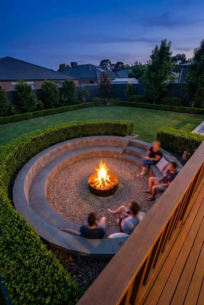 Sunken gravel lounge with a curved block bench wall around an in-ground fire pit at blue hour