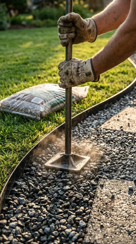 Tamping a crushed stone base for a gravel fire pit area inside steel edging