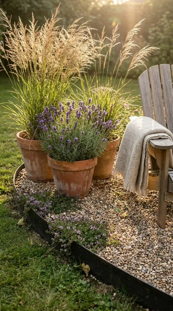 Terracotta pots of ornamental grass and lavender around a Gravel Cozy Backyard Ideas