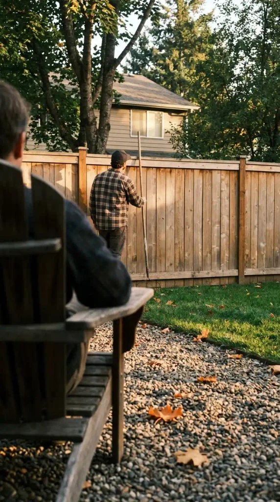 Testing backyard privacy sight lines with a rake handle held against a cedar fence at golden hour