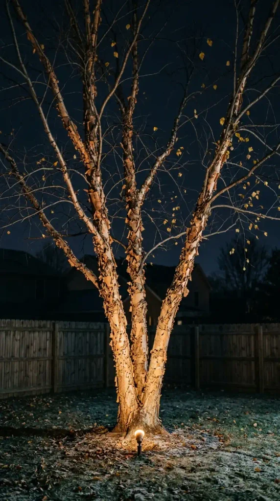 Uplit river birch with bare branches, a late fall landscape lighting idea for small backyards