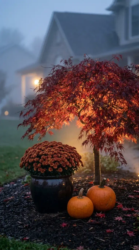 Warm 2700K landscape lighting on a red Japanese maple with mums and pumpkins at foggy dusk